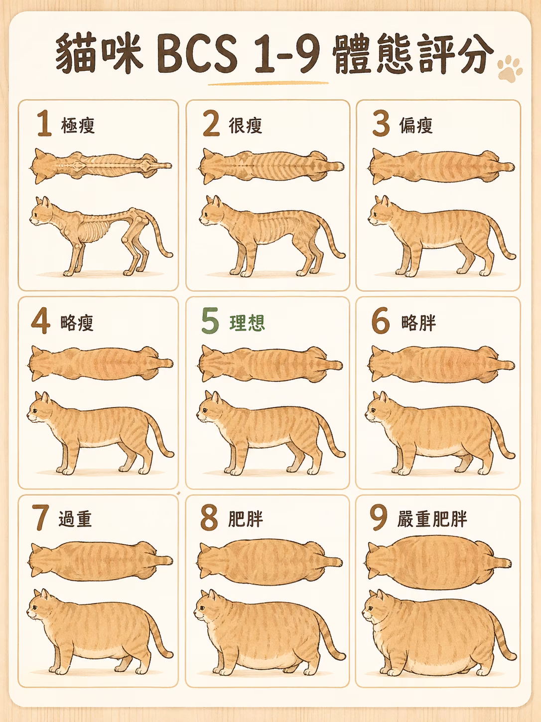 貓咪 BCS 1-9 體態評分圖