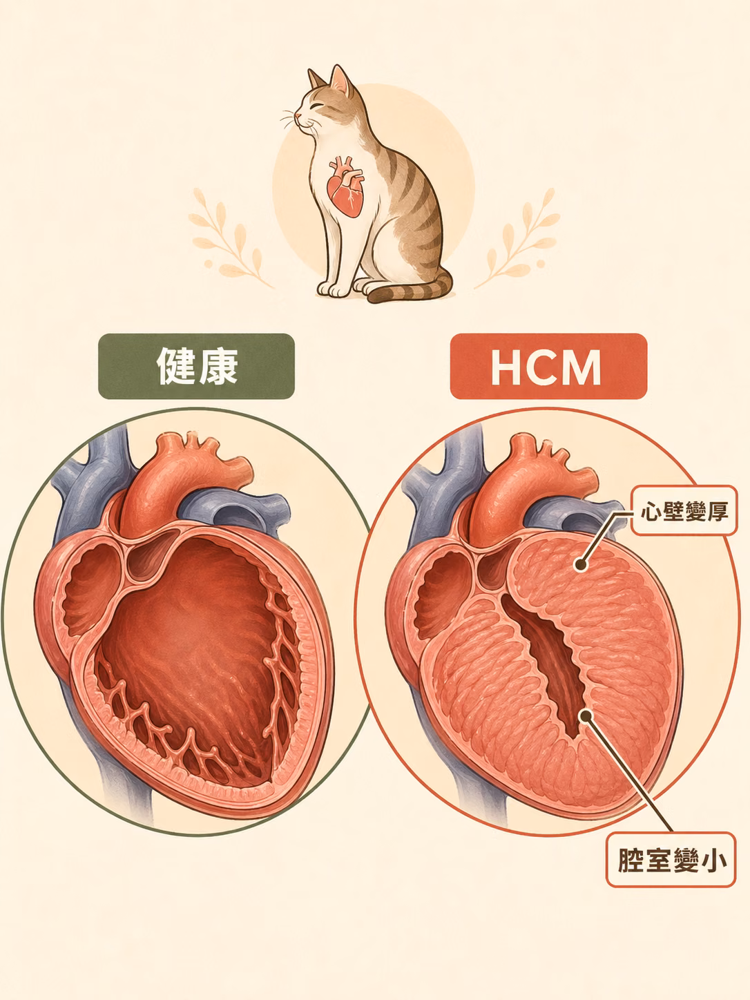 HCM 與健康貓心臟對比圖