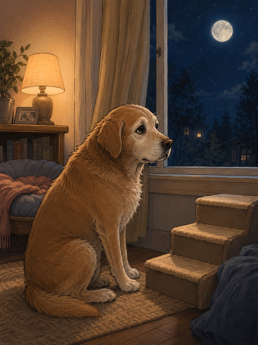 熟齡犬貓窗邊沉思圖