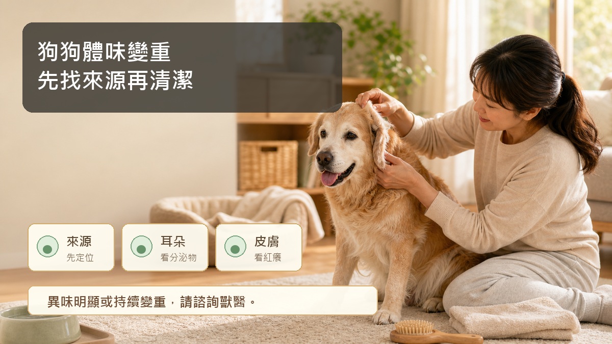 狗狗體味變重封面圖，標題以兩行呈現先找來源再清潔。