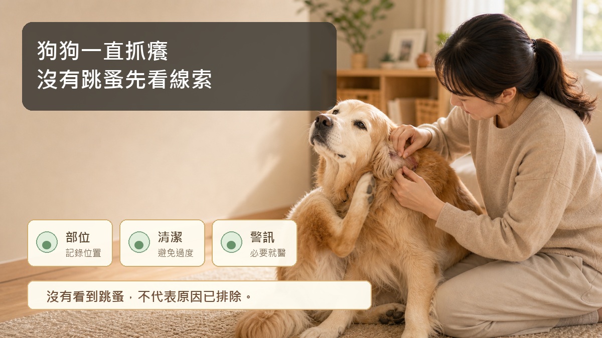 狗狗一直抓癢封面圖，標題以兩行呈現沒有跳蚤時先看線索。