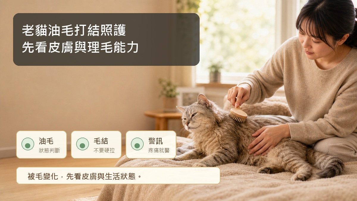 老貓油毛打結照護封面圖，標題以兩行呈現皮膚與理毛能力。
