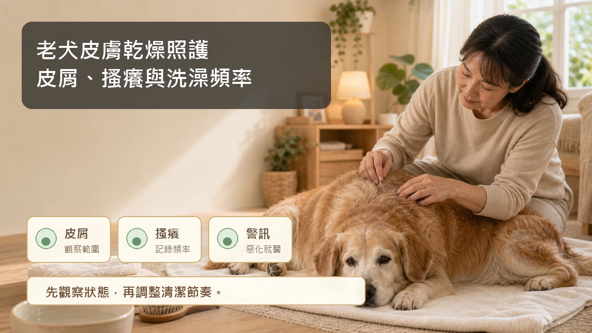 老犬皮膚乾燥照護封面圖，標題以兩行呈現皮屑、搔癢與洗澡頻率。