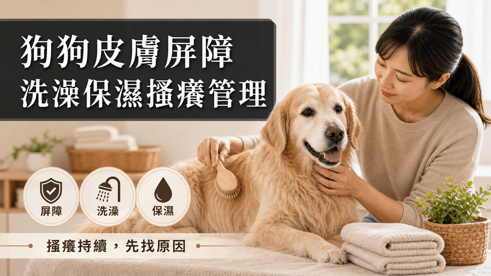 狗狗皮膚屏障是什麼？洗澡、保濕與搔癢管理基礎封面圖，呈現熟齡犬貓日常清潔照護情境。
