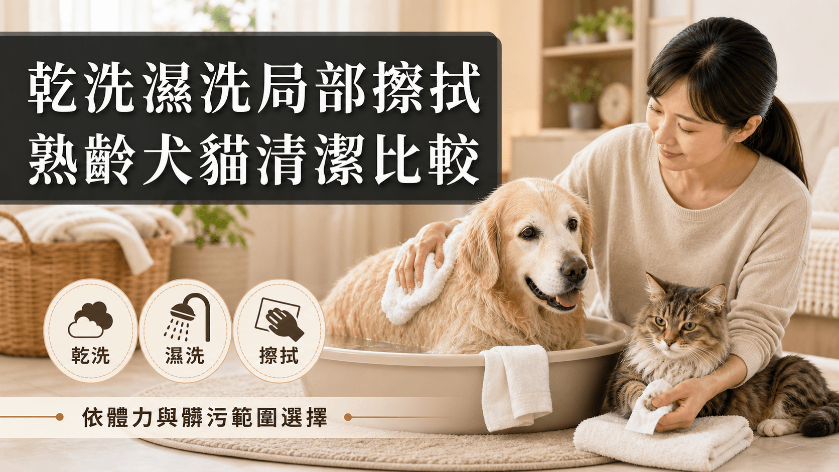 乾洗、濕洗、局部擦拭差在哪？熟齡犬貓清潔方式比較封面圖，呈現熟齡犬貓日常清潔照護情境。
