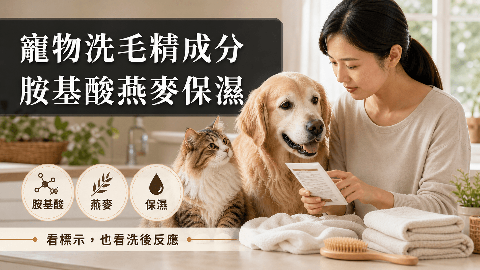 寵物洗毛精成分怎麼看？胺基酸、燕麥、保濕與刺激性比較封面圖，呈現熟齡犬貓日常清潔照護情境。