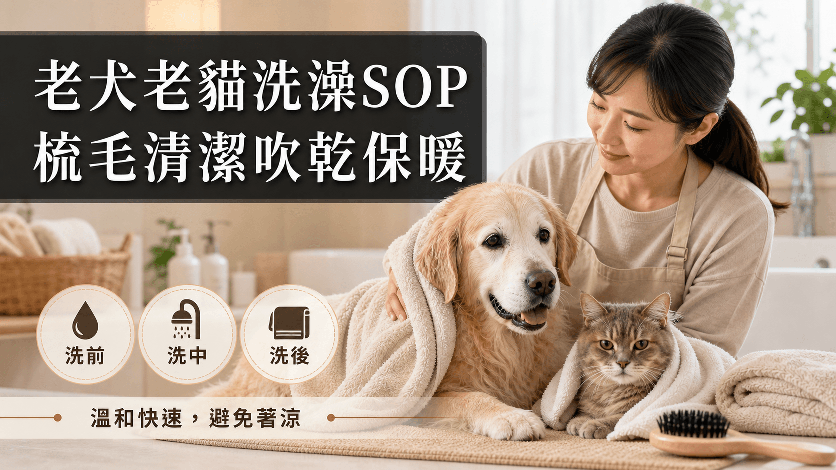 老犬老貓洗澡前後照護 SOP：梳毛、清潔、吹乾與保暖封面圖，呈現熟齡犬貓日常清潔照護情境。
