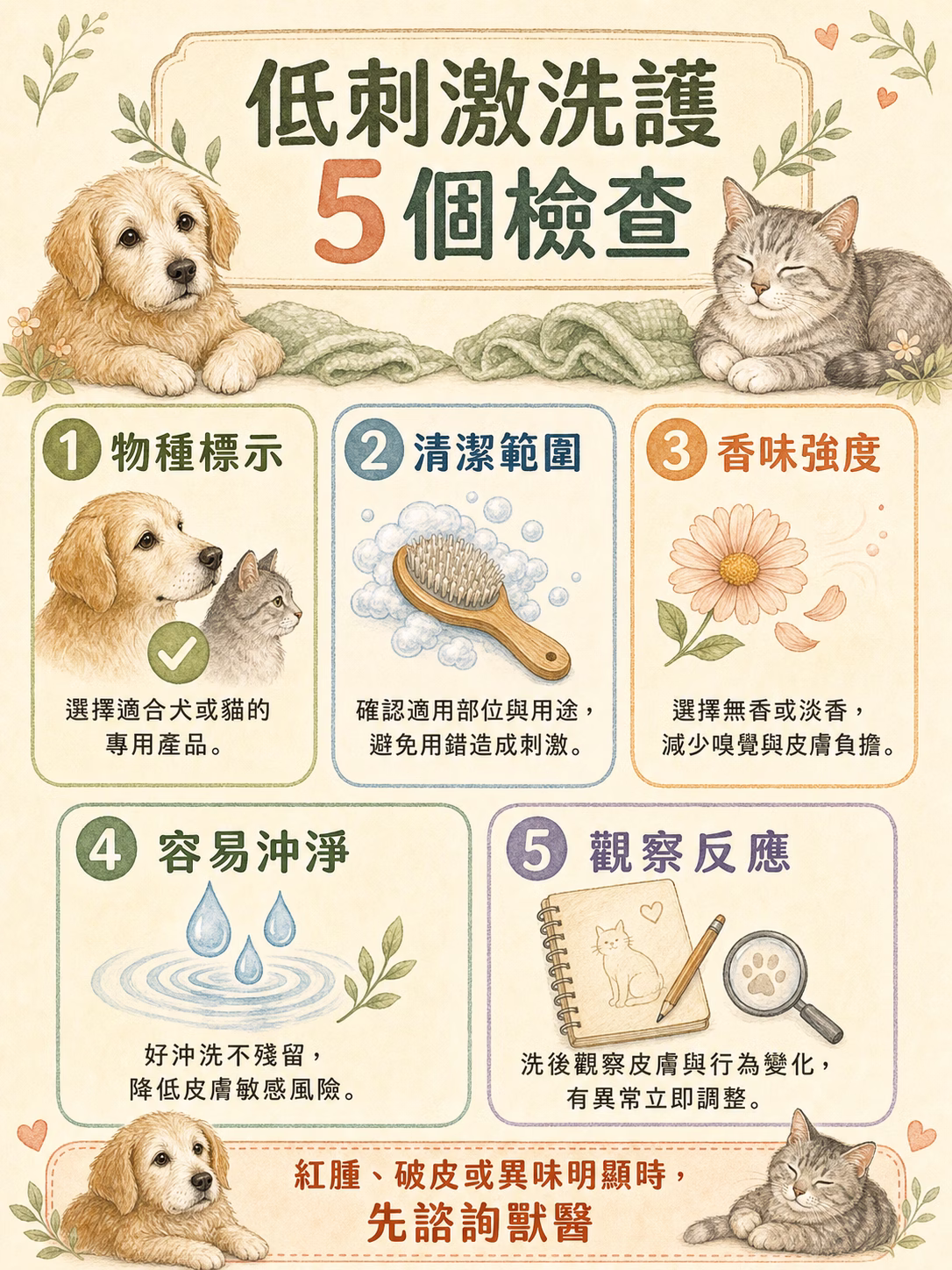 低刺激洗護五個檢查,包含物種標示、清潔範圍、香味強度、容易沖淨與觀察反應