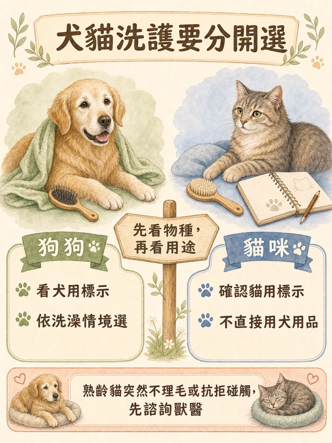 犬貓洗護用品分開選,狗狗看犬用標示,貓咪確認貓用標示且不直接使用犬用品