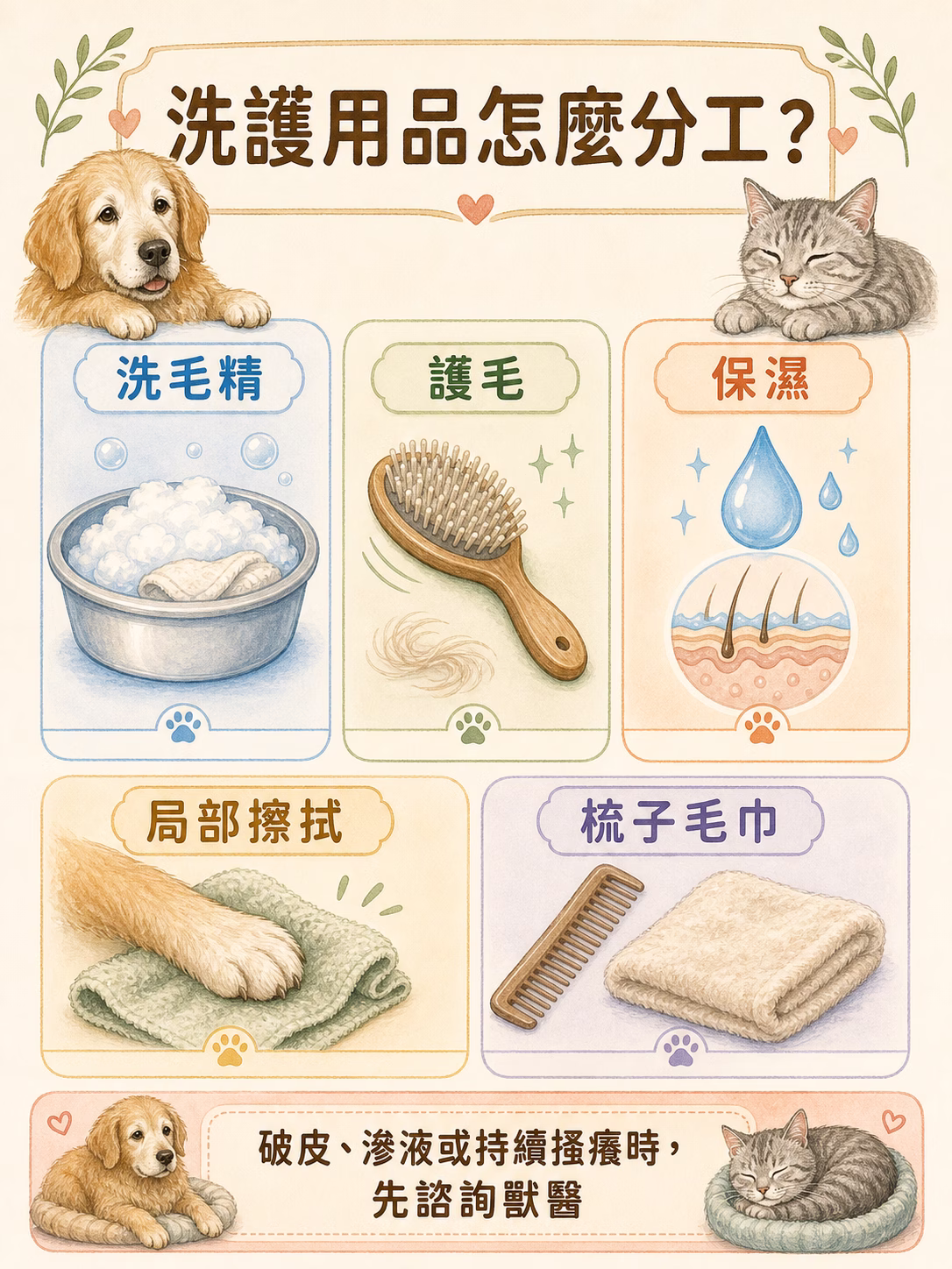 洗護用品分工圖,包含洗毛精、護毛、保濕、局部擦拭與梳子毛巾