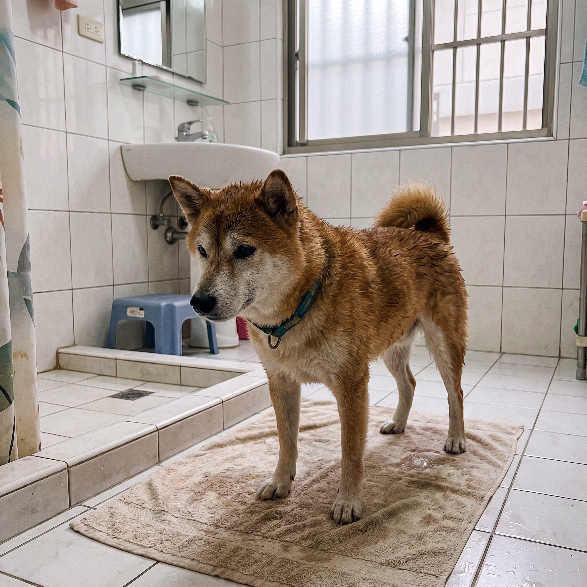 11 歲柴犬洗澡後站在老家浴室毛巾上,準備吸水擦乾