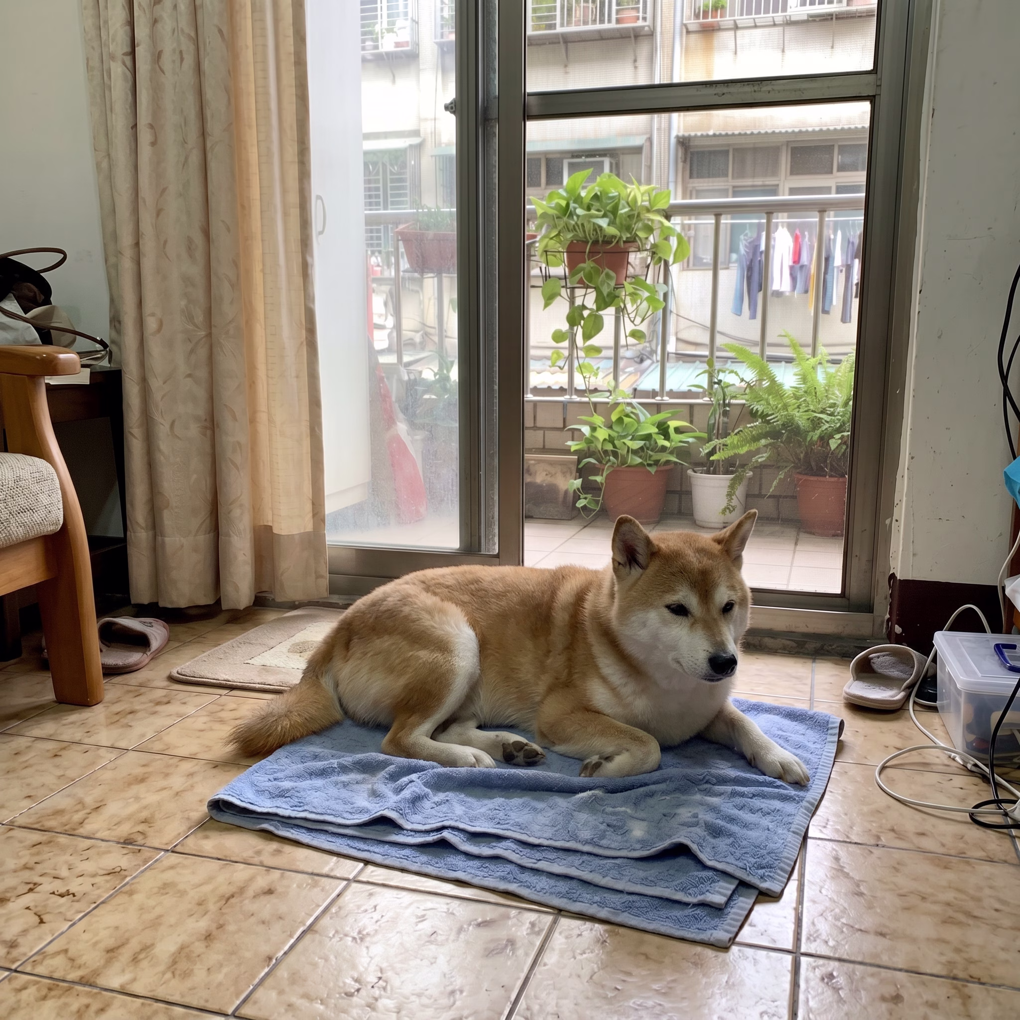 11 歲柴犬洗後在老家客廳陽台旁的毛巾上休息
