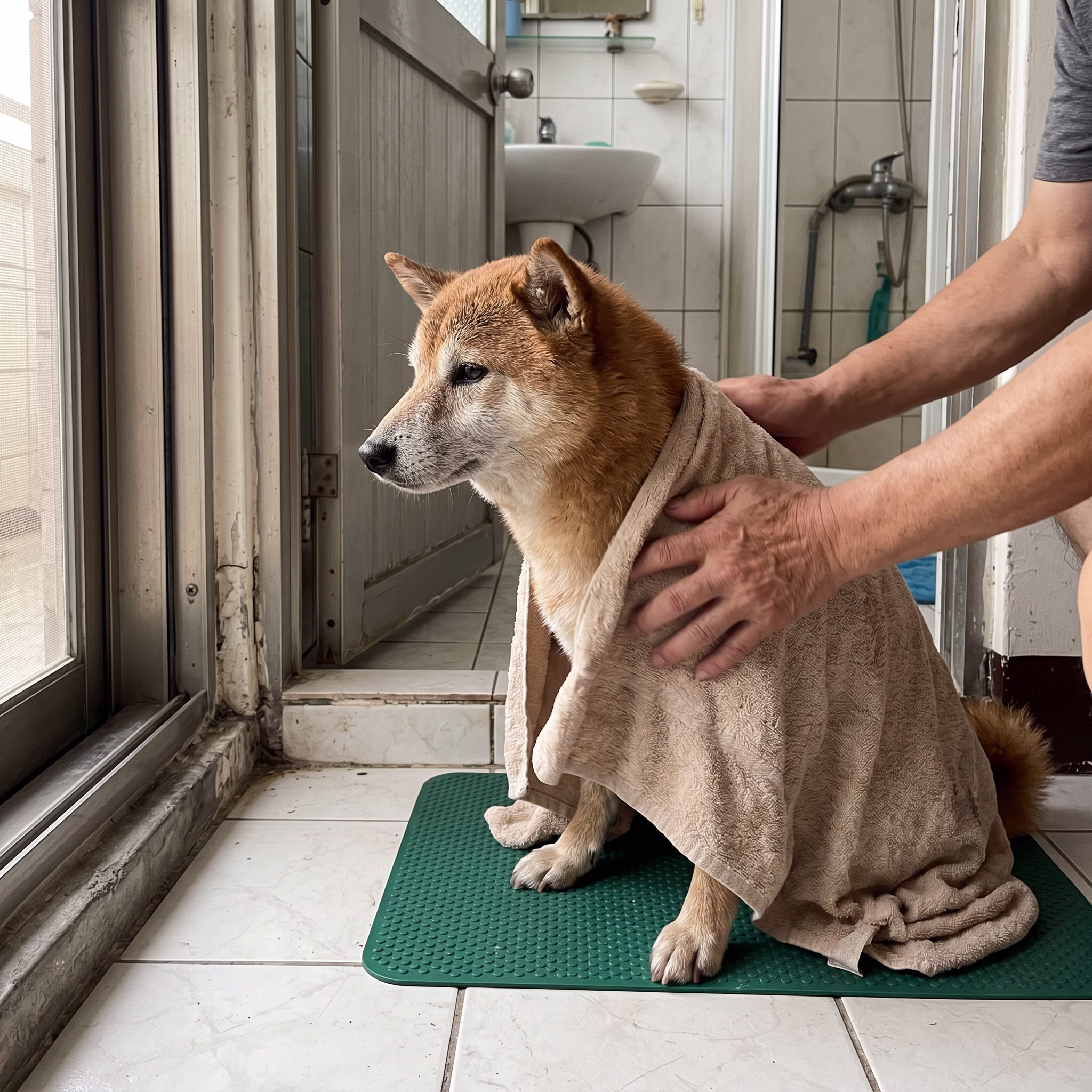 11 歲柴犬在老家浴室門口用浴巾擦乾