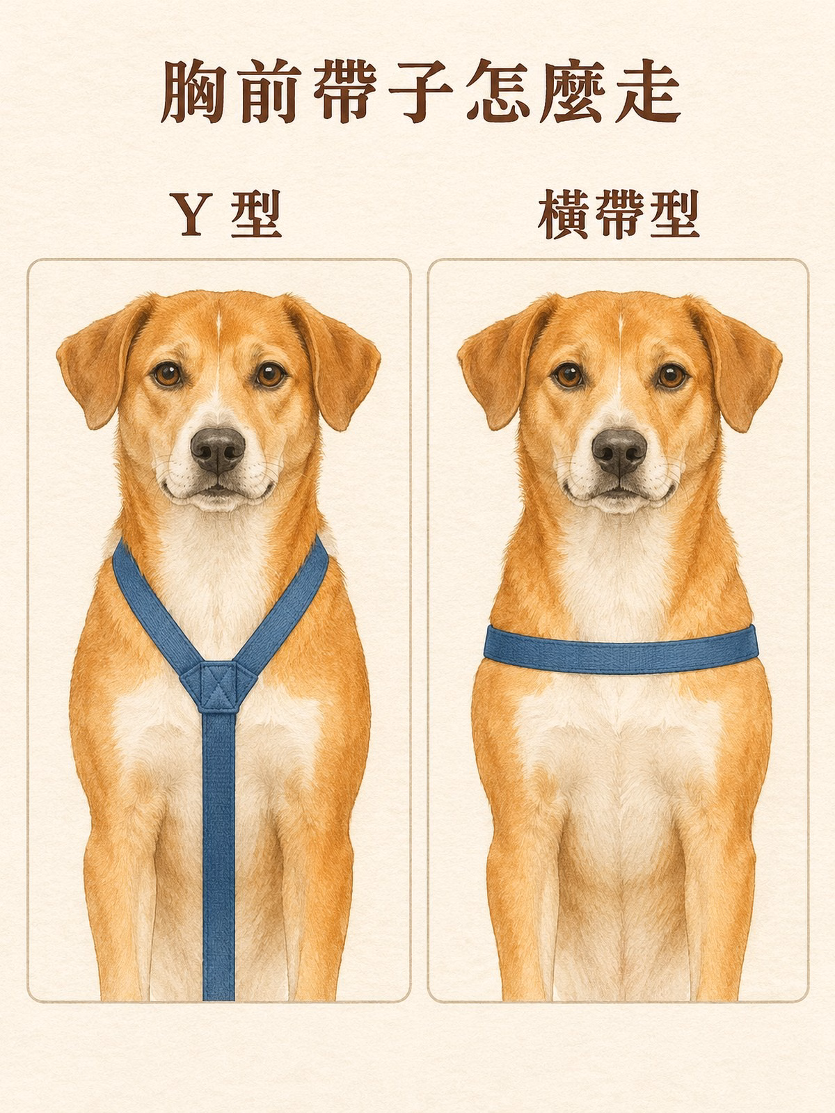 同一隻狗狗的胸口正面插畫並排，左邊是 Y 型胸背帶，兩條肩帶在胸口交會後往下穿過前腳之間；右邊是橫帶型，一條帶子橫過胸前