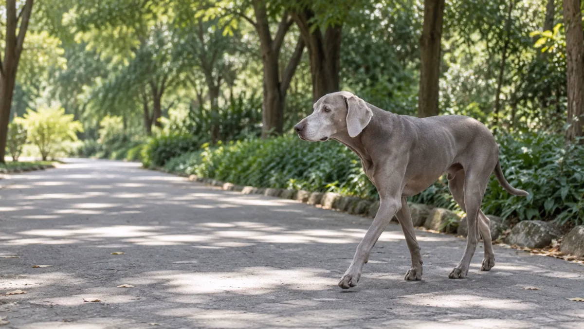銀灰色短毛犬在樹蔭下的平坦步道緩步行走。