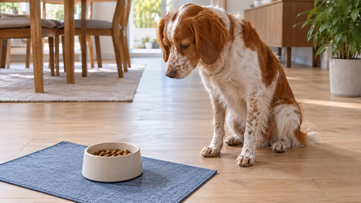 橘白色犬坐在藍灰餐墊邊，低頭看向面前的素色食碗。
