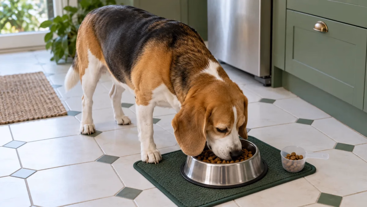 黑棕白色犬低頭吃餐碗裡的飼料，旁邊放著無刻度透明量杯。