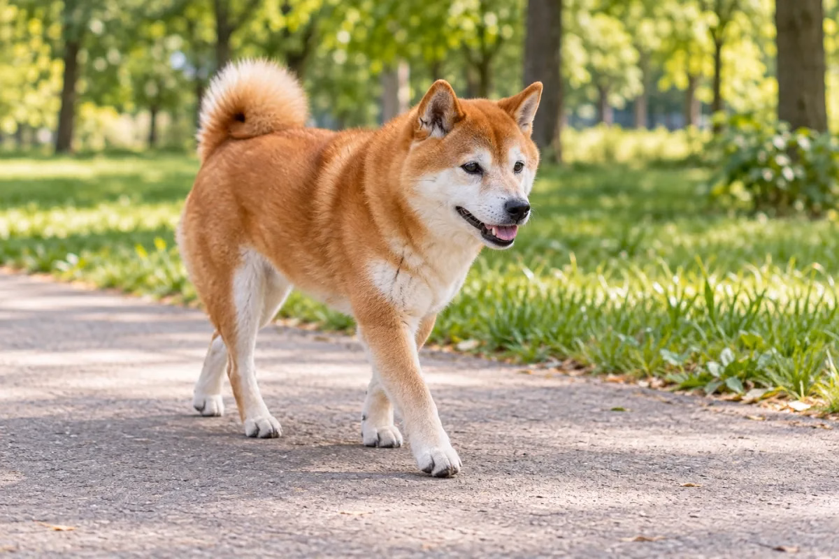 犬隻在公園平坦步道上自然散步。