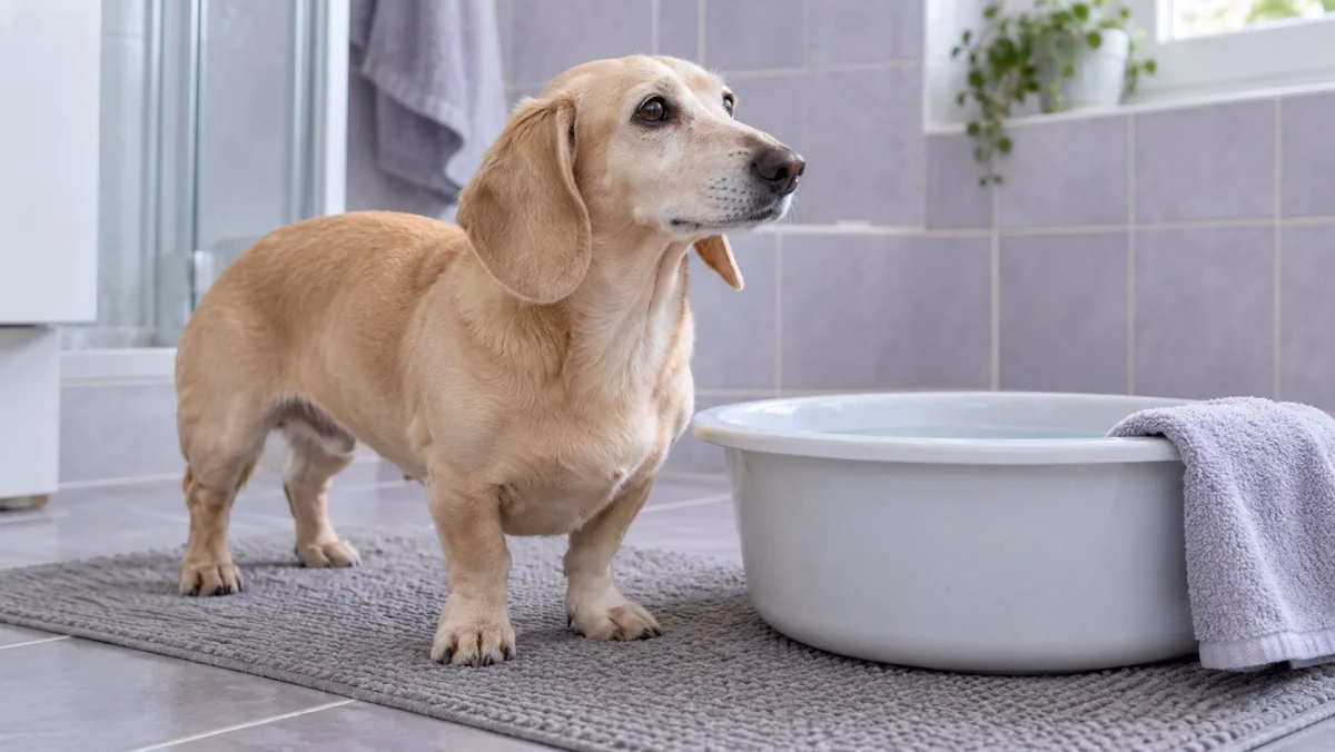 淺色熟齡臘腸犬站在清潔區的止滑墊上，身旁放著水盆與棉毛巾。