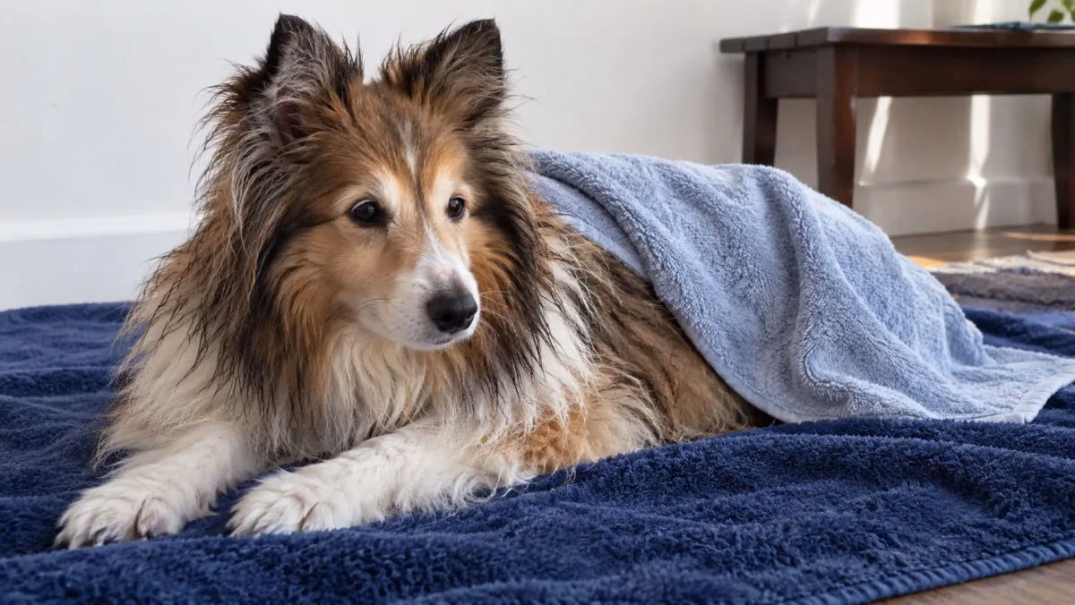 熟齡喜樂蒂犬在洗澡後躺在乾毛巾上，背部輕蓋著柔軟毛巾。
