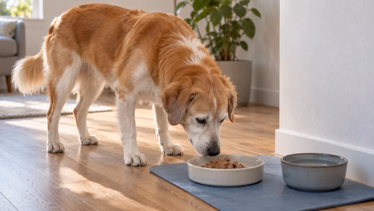 金黃白色犬站在家中餵食角，低頭靠近放有濕食的陶碗，旁邊放著清水碗。