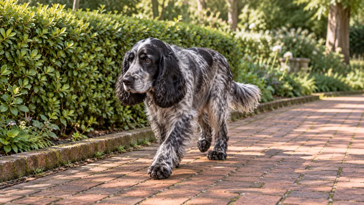 藍灰黑白細斑垂耳犬沿庭院紅磚小徑緩步向前，口鼻、胸前與前踏腳掌清楚可見。