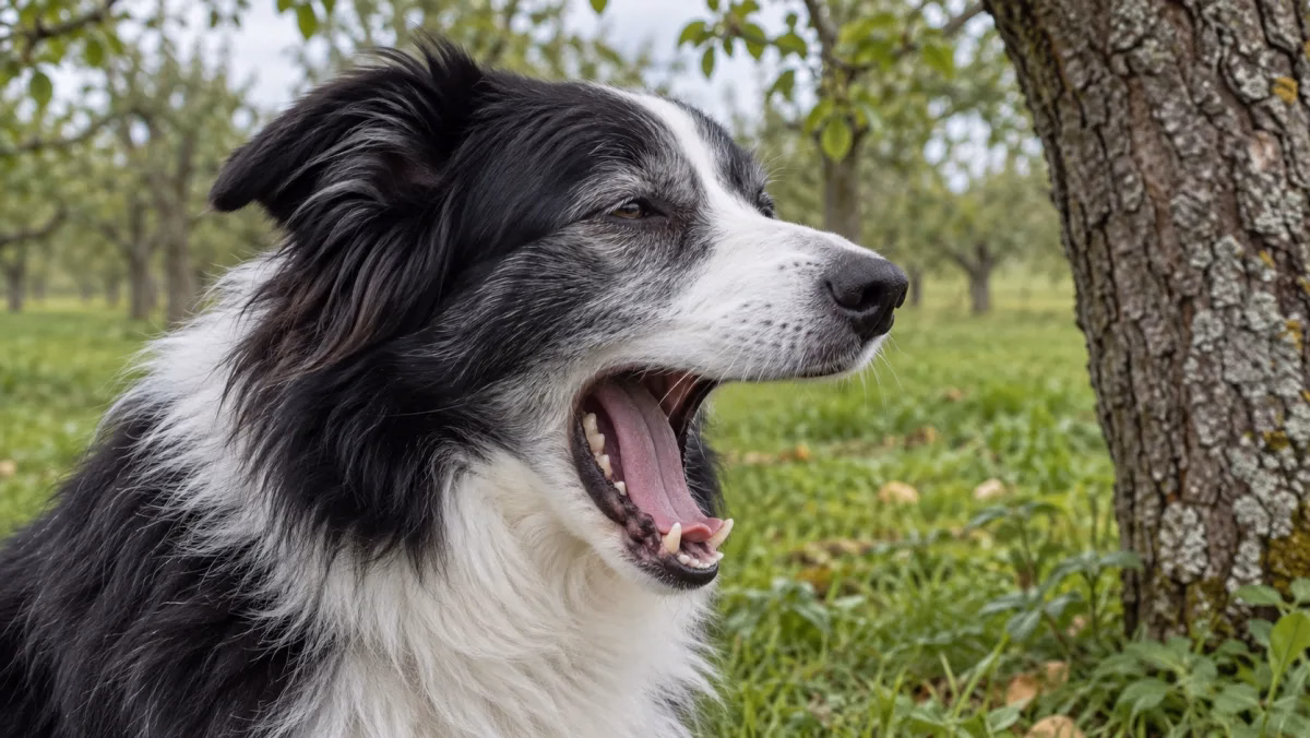 黑白邊境牧羊犬在綠色樹林旁張嘴打哈欠，露出牙齒。